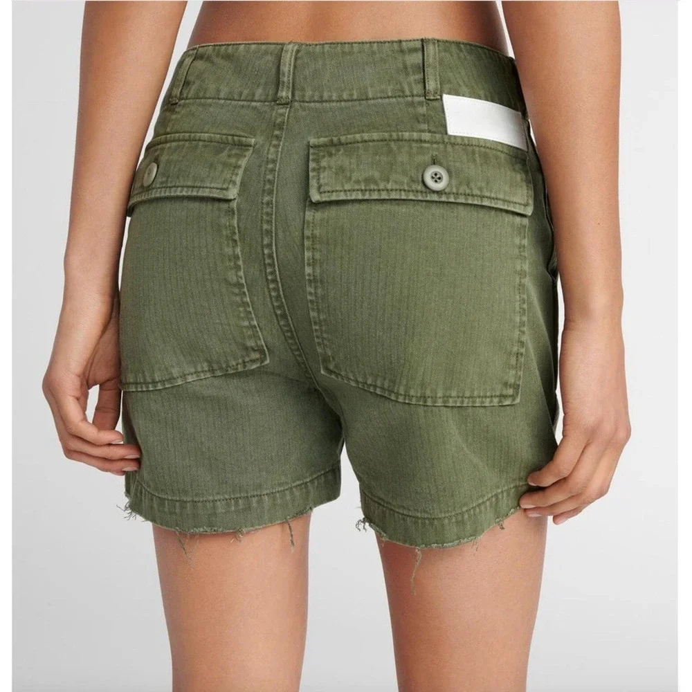 RE/DONE Womens 50s Miltary Shorts in Green Size 25 Button Fly Distressed Hem